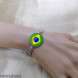 Bracelet homme maille cubaine argenté en acier inoxydable et drapeau du Brésil sous cabochon en résine