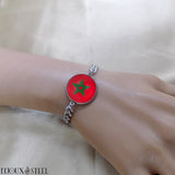 Bracelet homme chaîne cubaine argenté à drapeau du Maroc sous cabochon en résine et acier inoxydable