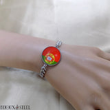 Bracelet homme maille cubaine argenté et drapeau du Portugal sous cabochon en résine et acier inoxydable
