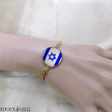 Bracelet homme maille cubaine doré drapeau d'Israël sous cabochon en résine et acier inoxydable