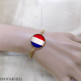 Bracelet homme maille cubaine drapeau de la France en résine et acier inoxydable doré