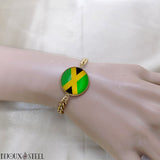 Bracelet maille cubaine drapeau de la Jamaïque sous cabochon en résine et acier inoxydable doré