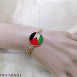 Bracelet homme chaîne cubaine drapeau de la Palestine sous cabochon en résine et acier inoxydable doré