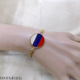 Bracelet homme chaîne maille cubaine à drapeau de la Russie sous cabochon en résine et acier inoxydable doré