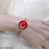 Bracelet homme chaîne maille cubaine à drapeau de la Turquie sous cabochon en résine et acier inoxydable doré