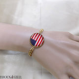 Bracelet homme maille cubaine doré drapeau des États-Unis en acier inoxydable