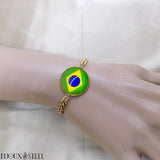 Bracelet homme maille cubaine doré en acier inoxydable et drapeau du Brésil sous cabochon en résine