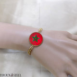 Bracelet homme chaîne cubaine doré à drapeau du Maroc sous cabochon en résine et acier inoxydable