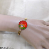 Bracelet homme maille cubaine doré et drapeau du Portugal sous cabochon en résine et acier inoxydable