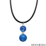 Collier à pendentif doubles perles en agate bleue et argenté avec son cordon noir