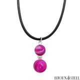 Collier à pendentif doubles perles en pierre d'agate rouge et acier inoxydable argenté