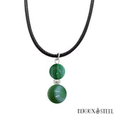 Collier à pendentif argenté doubles perles d'agate verte sur son cordon noir