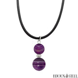 Collier à pendentif doubles perles d'agate violette en pierre et acier inoxydable argenté sur son cordon noir
