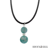 Collier à pendentif argenté doubles perles d'amazonite en pierre naturelle sur cordon noir
