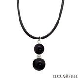 Pendentif argenté deux perles en obsidienne noire et son cordon noir