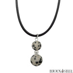 Collier à pendentif argenté deux perles de jaspe dalmatien en pierre naturelle sur cordon noir