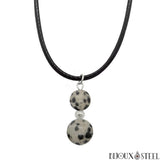 Collier à pendentif argenté deux perles de jaspe dalmatien en pierre naturelle sur cordon noir