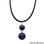 Collier à pendentif argenté deux perles de lapis-lazuli en pierre naturelle sur cordon noir