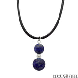 Collier à pendentif argenté deux perles de lapis-lazuli en pierre naturelle sur cordon noir