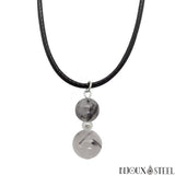 Collier à pendentif argenté deux perles de quartz tourmaline en pierre naturelle sur cordon noir