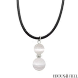 Collier à pendentif argenté deux perles en sélénite pierre naturelle et son cordon noir