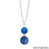 Collier à pendentif argenté deux perles d'agate bleue en pierre naturelle teintée et acier inoxydable