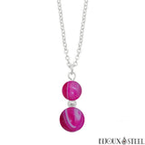 Collier à pendentif argenté deux perles d'agate magenta en acier inoxydable et pierre naturelle teintée