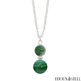 Collier à pendentif argenté deux perles en agate verte pierre naturelle teintée et acier inoxydable