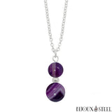 Collier à pendentif argenté deux perles d'agate violette en pierre naturelle teintée et acier inoxydable