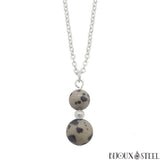 Collier à pendentif argenté deux perles en jaspe dalmatien en acier inoxydable