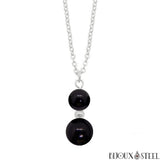 Collier à pendentif argenté deux perles en obsidienne noire pierre naturelle et acier inoxydable