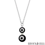 Collier à pendentif argenté double perle mauvais oeil noir et blanc en acier inoxydable