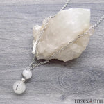 Collier argenté doubles perles de quartz tourmaline en acier inoxydable et pierre naturelle