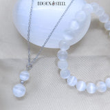 Collier à pendentif argenté et bracelet en perles de sélénite pierre naturelle