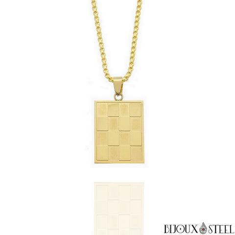 Collier à pendentif damier doré homme en acier inoxydable