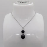 Pendentif deux perles en obsidienne et sa chaîne argentée en acier inoxydable