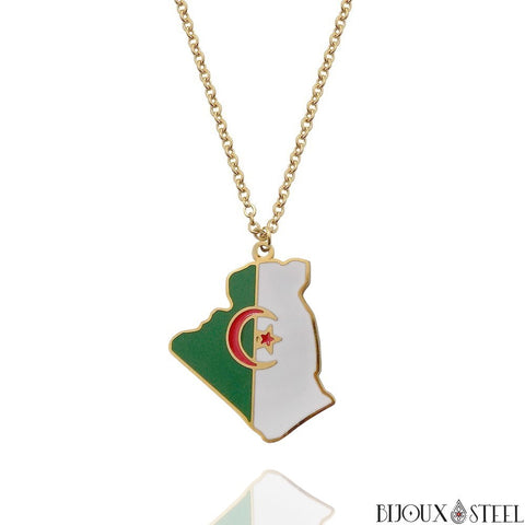 Collier à pendentif doré carte de l'Algérie en acier inoxydable