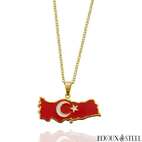 Collier à pendentif doré carte de la Turquie en acier inoxydable