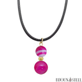 Collier à pendentif doubles perles en pierre d'agate rouge et acier inoxydable doré