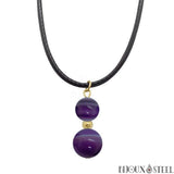 Collier à pendentif doubles perles d'agate violette en pierre et acier inoxydable doré sur son cordon noir