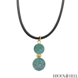 Collier à pendentif doré doubles perles d'amazonite en pierre naturelle sur cordon noir