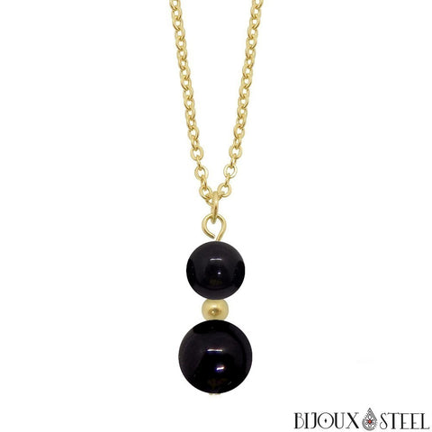 Collier à pendentif doré deux perles en obsidienne noire pierre naturelle et acier inoxydable