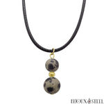 Collier à pendentif argenté deux perles de jaspe dalmatien en pierre naturelle et acier inoxydable sur cordon noir