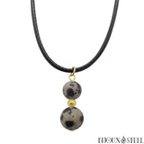 Collier à pendentif argenté deux perles de jaspe dalmatien en pierre naturelle et acier inoxydable sur cordon noir