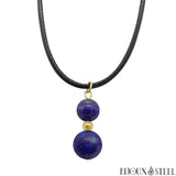 Collier à pendentif doré deux perles de lapis-lazuli en pierre naturelle sur cordon noir
