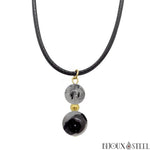 Collier à pendentif doré deux perles de quartz tourmaline en pierre naturelle sur cordon noir