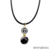 Collier à pendentif doré deux perles de quartz tourmaline en pierre naturelle sur cordon noir