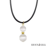 Collier à pendentif doré deux perles en sélénite pierre naturelle et son cordon noir