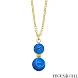 Collier à pendentif doré deux perles d'agate bleue en pierre naturelle teintée et acier inoxydable