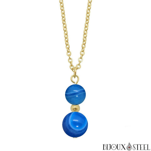 Collier à pendentif doré deux perles d'agate bleue en pierre naturelle teintée et acier inoxydable